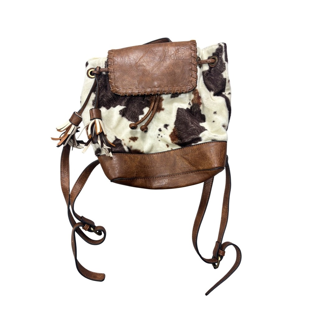 Jen & Co Backpack OS Cow Print Brown Faux Leather Tassel Western Boho Bag